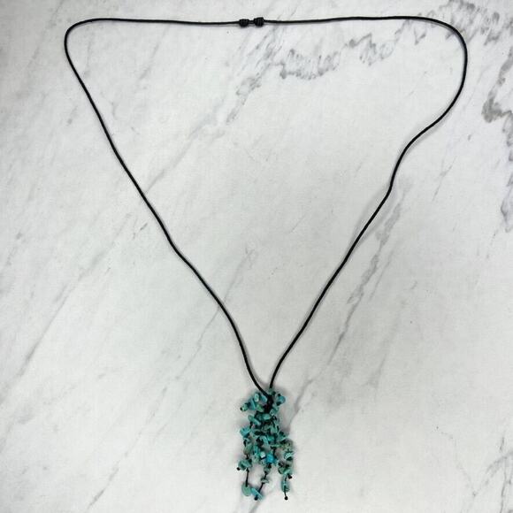 Faux Turquoise Beaded Pendant on Black Adjustable Cord Necklace - Picture 1 of 8
